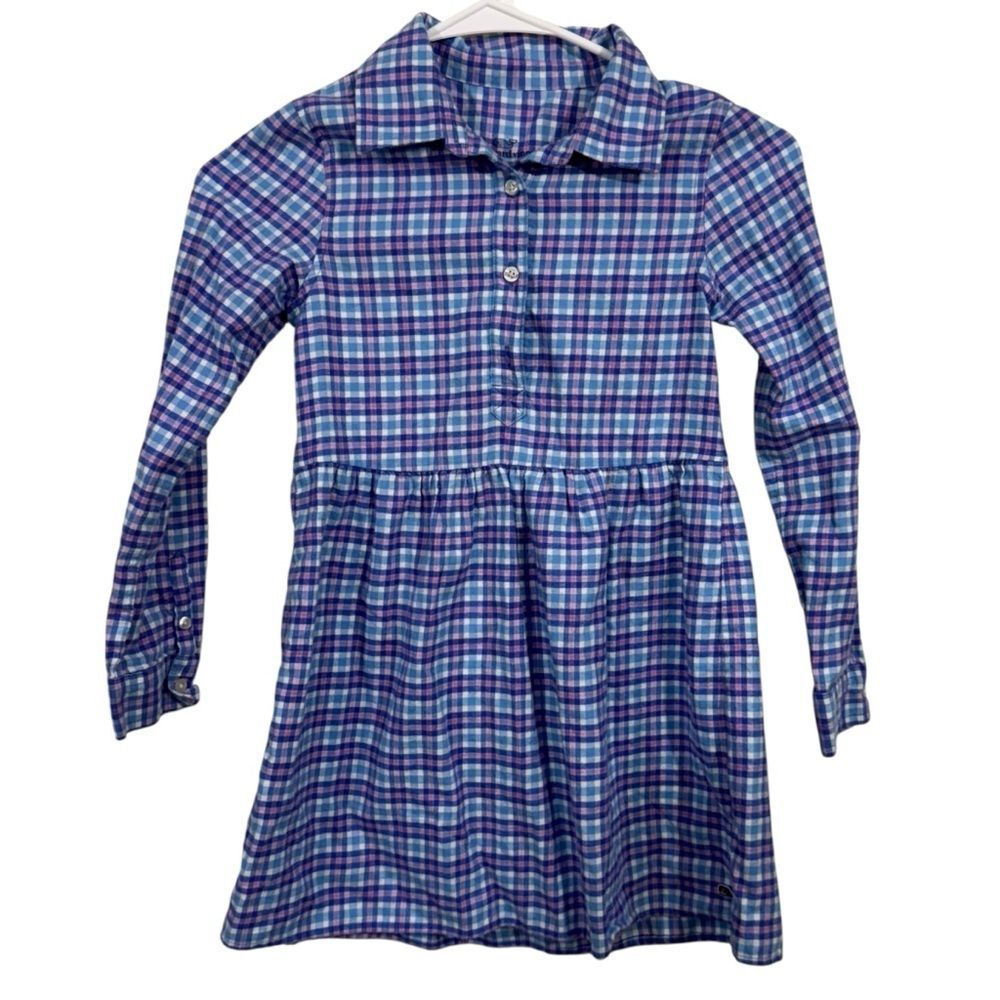 Vineyard Vines Morgan Way Blue Multi Plaid Collared Long Sleeve Dress
